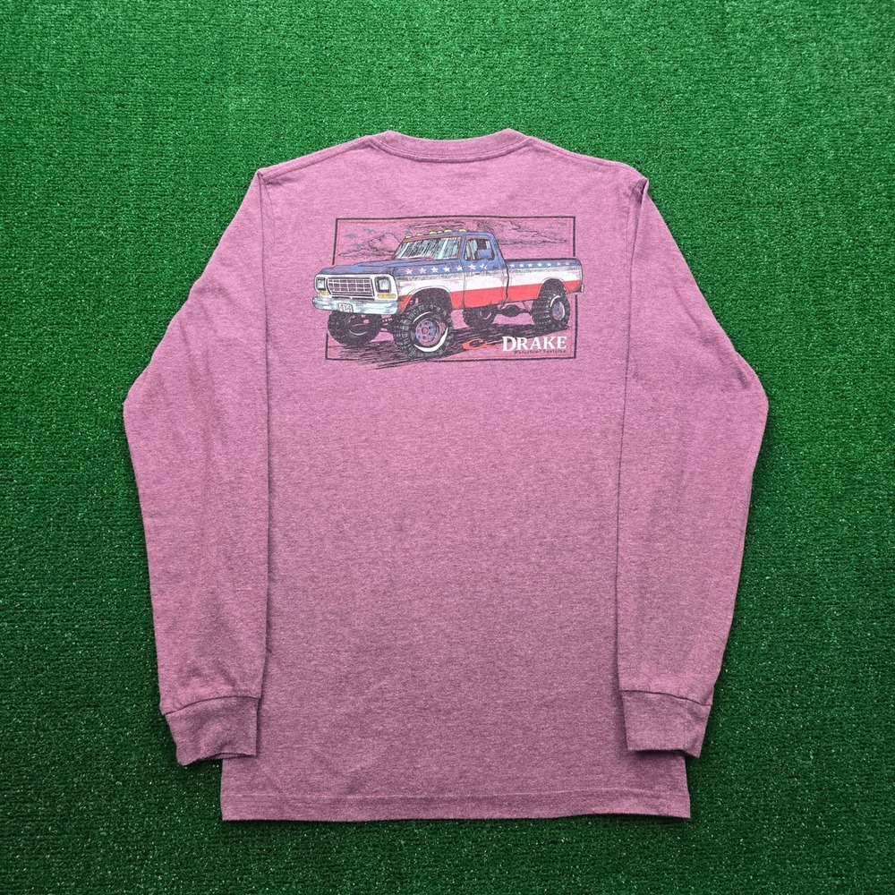 Drake Waterfowl Tshirt Mens Small Long Sleeve Graphic Patriotic Old Body Truck